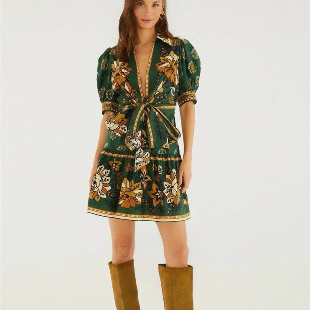 Green Floral Tie-Front Women's Dress - Picture 4 of 9